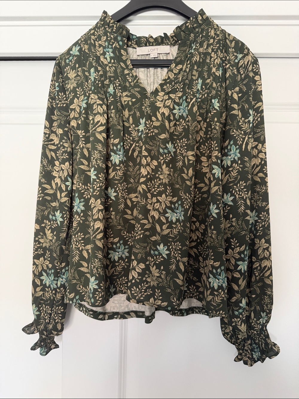 LOFT Olive Green Floral Ruffle V-Neck Blouse